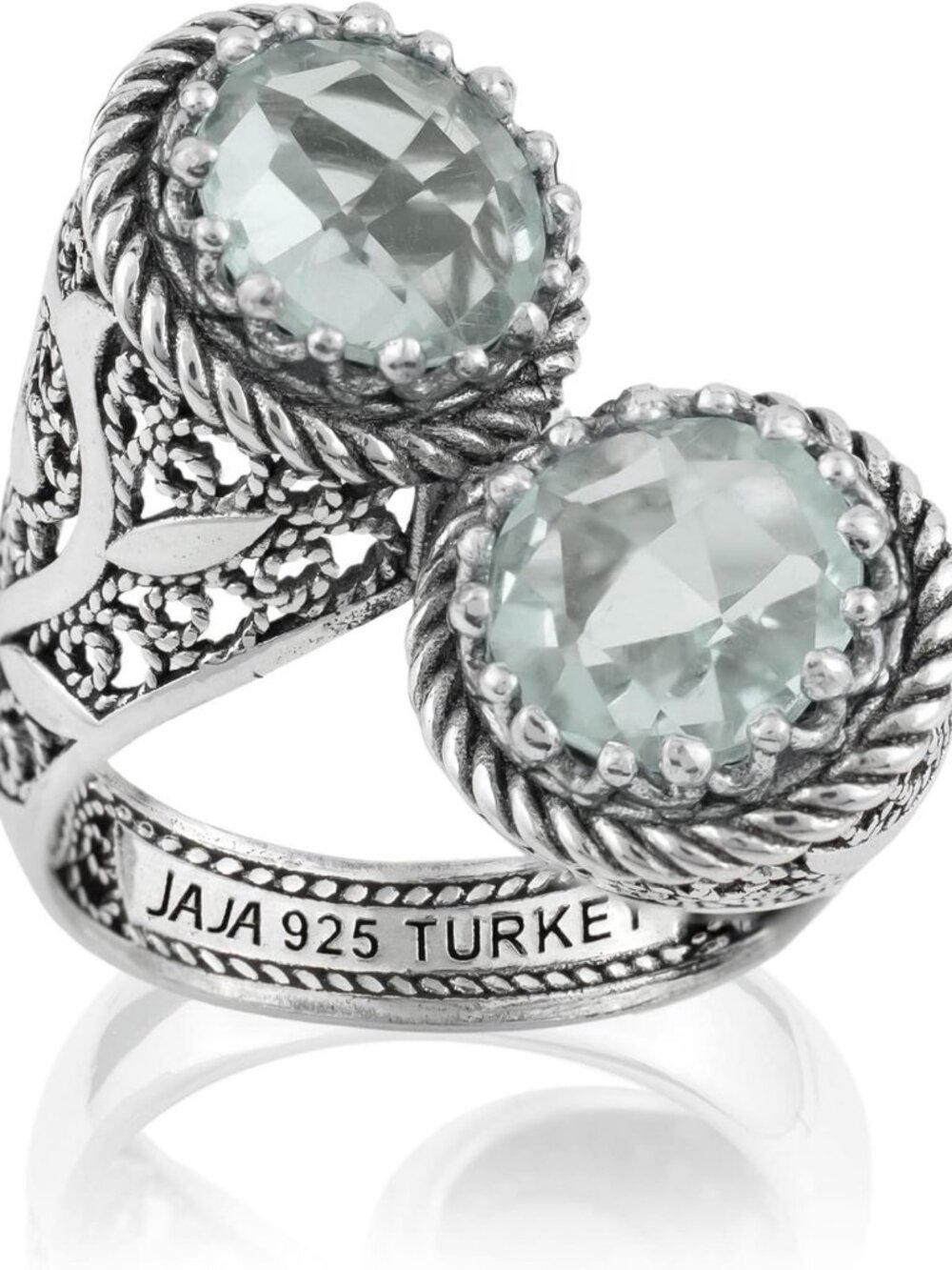 925 Sterling Silver Filigree Double Stone Bypass Cocktail Ring - Amethyst